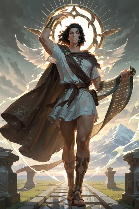 1man, hermes, greek mythology, solo, classical greek traveler's tunic, winged sandals, see-through traveler's cloak, wind aura, holding caduceus and scroll, arm raised, arm holding caduceus, short curly hair, windswept hair, draped sleeves, standing, horiz...