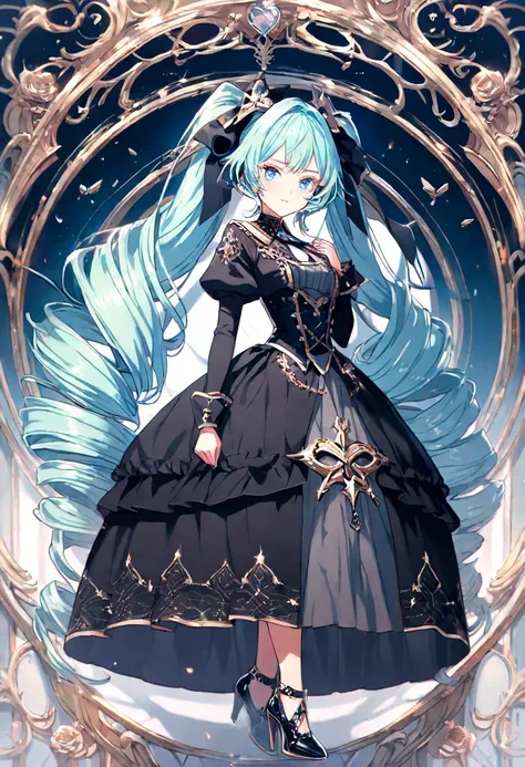 1 girle, Age 15, long hair, drill hair, Mint Cream Hair, Light Blue Eyes, Beautifully drawn lashes are long, full body, gothic clothing, High Heels, Anime, Masterpiece, UHD, retina, masterpiece, accurate, anatomically correct, textured skin, super detail, ...