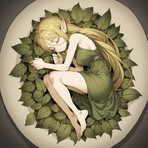 A female elf, sleeping on the large green leaf, in the woods, blonde long hair, whole body, (artist:demizu posuka:0.8), very awa, masterpiece, best quality, newest, highres, absurdres 