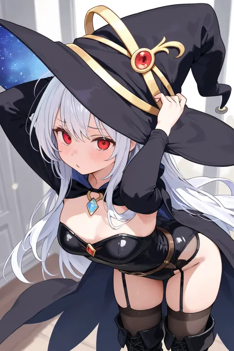  I'm a powerful wizard in a witch costume，white hair and red eyes，Cool expression ，I have a c-cup chest ，Wearing black boots ， wearing black stockings，The figure is very sexy， wearing a witch hat 