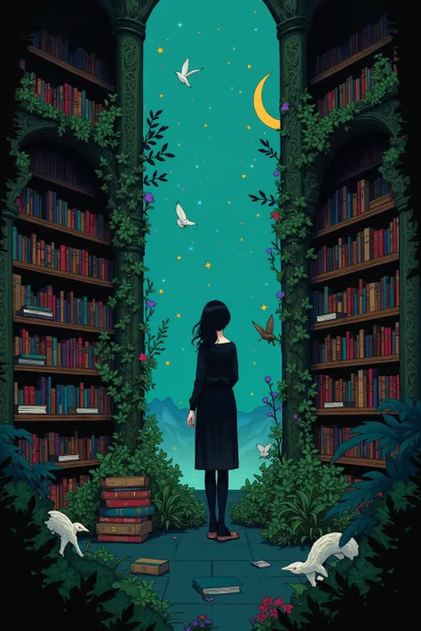  A woman standing in a library surrounded by books, A picture of Atey Ghailan  ,  Pixiv Contest Winner ,  conceptual art,  beautiful anime scene ,  anime beautiful peaceful scene, Today&#39;s Featured Animation Stills , Unlimited Celestial Library,  fantas...