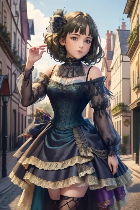 Village realistic、Virginia Otis 1 ,Steel Cable, masterpiece,  top quality,Heterochromia,  Green Eyes,  blue eyes、Victorian city,  Europe. Aristocratic Girl、 looking up from below、  Wearing a Long-Sleeved Sheer Fabric Dress 、 Various Dynamic Sexy Poses、Face...