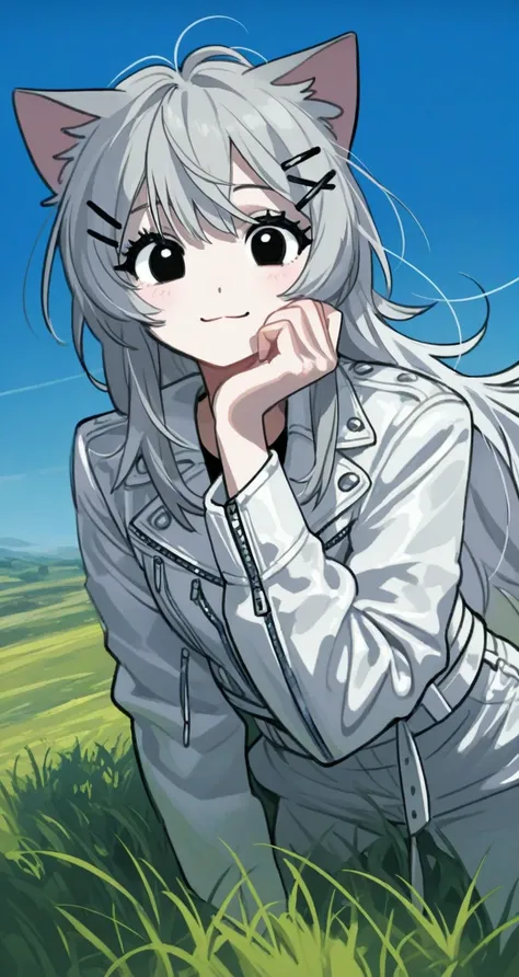  full picture、Cat ears、Blue sky and grassland、 long gray hair and a little unkempt、black eyes、 hairpins、white leather jacket 、 Calm Smile、 high image quality