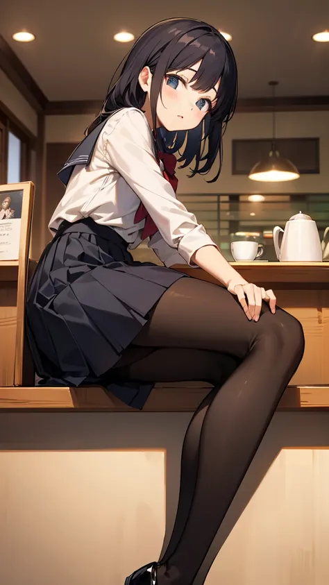 Japanese high school uniform, one beautiful woman, black pantyhose, long legs, looking at you, cafe, cool expression