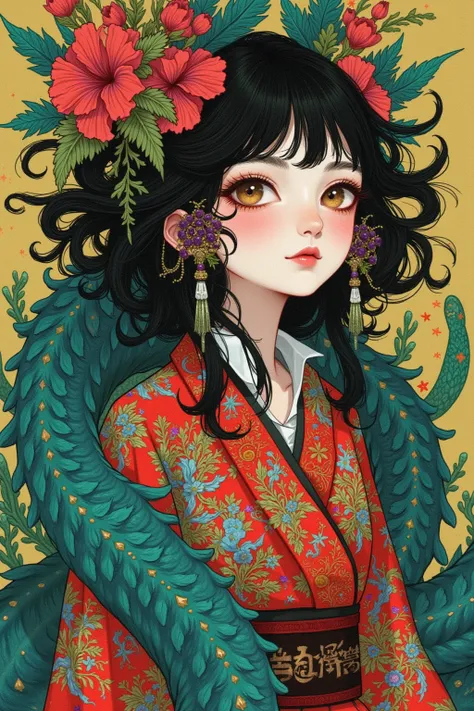 The painting ， depicts a dragon with a long head、Woman with flowers in hair, 这是一幅细致The painting ，Inspired by Tsukioka Yoshitomo  ,  is popular in the CG society ,  pop surrealism, japanese  pop surrealism,  krenz cushart and wenjun lin , 日本 pop surrealism,...