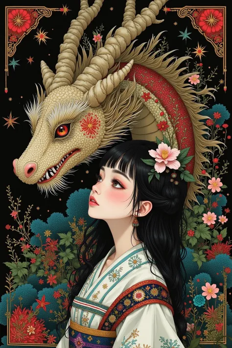 The painting ， depicts a dragon with a long head、Woman with flowers in hair, 这是一幅细致The painting ，Inspired by Tsukioka Yoshitomo  ,  is popular in the CG society ,  pop surrealism, japanese  pop surrealism,  krenz cushart and wenjun lin , 日本 pop surrealism,...