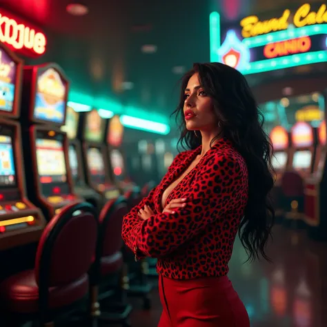 In a bright, fluorescent-lighted, impersonal casino with unpaid protection fees, before opening time in the daytime, with no customers and only non-functioning gaming machines, a very beautiful Mexican mafia lady dressed sharply in a flashy leopard-print s...