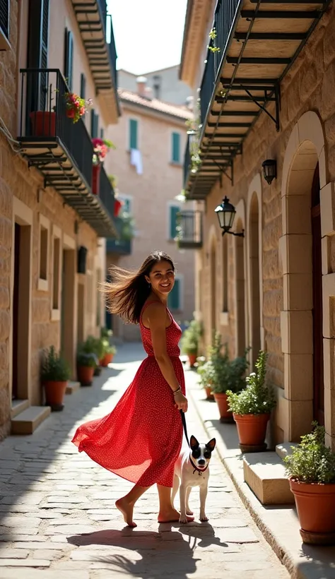 Prompt: A narrow, winding street in a historic European town, paved with uneven stones and lined with old stone and stucco buildings in earthy, pastel tones. The façades feature wrought-iron balconies, some decorated with hanging potted plants and clothesl...