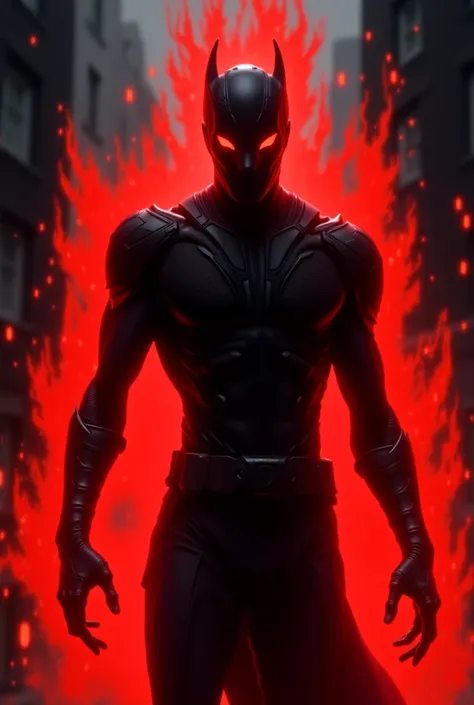 The image depicts a dark, menacing figure with a fiery, red aura emanating from its body. The character has a sleek, black, armored appearance with sharp, angular features and glowing red eyes. The background is dark, with hints of an urban setting, and th...