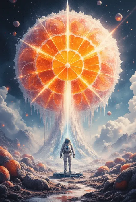 astronaut in spacesuit exploring a large, frozen, crystalline orb-like structure composed of many vibrant orange slices.  the structure floats above a lunar landscape with scattered orange, glowing orbs.  stars and other celestial bodies are visible in the...