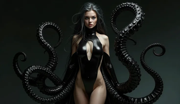 Woman naked, shiny black latex symbiote tentacles stable conection on her body