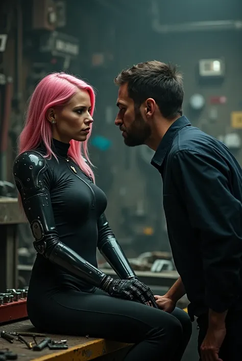 The image presents a tense, close-up moment between two characters in a gritty, futuristic setting. A woman with striking pink hair, wearing a black, form-fitting outfit with cybernetic limbs, sits on a workbench, her mechanical arms reflecting the harsh i...