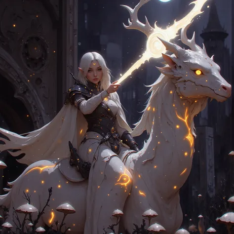 エルフ、A silver-haired elf queen stands astride a primal spirit dragon, its antlered head unleashing a spiraling beam of celestial light. The energy stream fractures into glowing sylph familiars as it collides with crumbling arcane monoliths, each spectral fr...