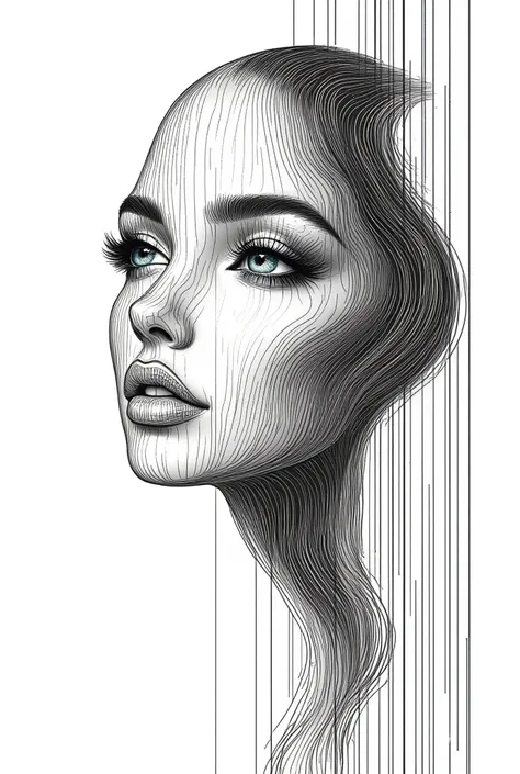 high definition optical illusion   sculptural white  background crossed with vertical and horizontal black lines, illusion of beautiful woman  portrait made of lines  , qr code, barcode