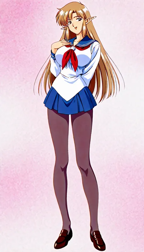 1990s (style), Japanese anime style, 1woman, solo, middle-hair, light-brown-hair, straight-hair, pointy ears, large breasts, school uniform, sailor uniform, Mini Skirt, pantyhose, loafers