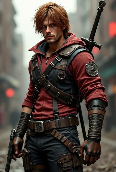 Create a slightly long brown-haired character with a sword around his back and two pistols around his waist, be inspired by Dante's look from DMC, but don't copy the character, just be inspired.