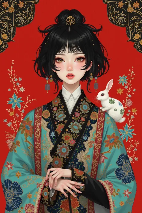  A painting of a woman in Chinese costume and a rabbit, A detailed painting inspired by Cheng Yanjun ,  is popular in the CG society , Aestheticism, Gu Weiss,  yanjun chengt , artwork in the style of Gu Weiss,  krenz cushart and wenjun lin , Gu Weiss maste...