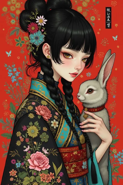  A painting of a woman in Chinese costume and a rabbit, A detailed painting inspired by Cheng Yanjun ,  is popular in the CG society , Aestheticism, Gu Weiss,  yanjun chengt , artwork in the style of Gu Weiss,  krenz cushart and wenjun lin , Gu Weiss maste...