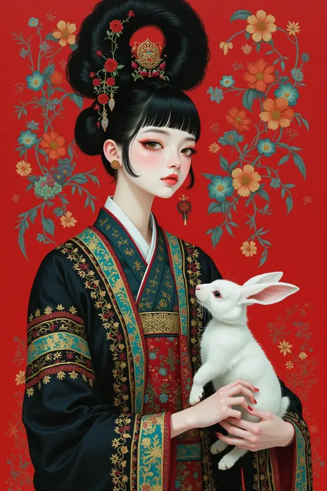  A painting of a woman in Chinese costume and a rabbit, A detailed painting inspired by Cheng Yanjun ,  is popular in the CG society , Aestheticism, Gu Weiss,  yanjun chengt , artwork in the style of Gu Weiss,  krenz cushart and wenjun lin , Gu Weiss maste...