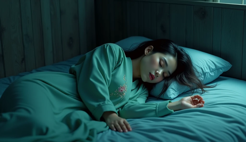 beautiful woman from Indonesia wearing a sage green robe with floral motifs, sleeping soundly, passed out, in a simple room with wooden walls, at night, with a blue silhouette