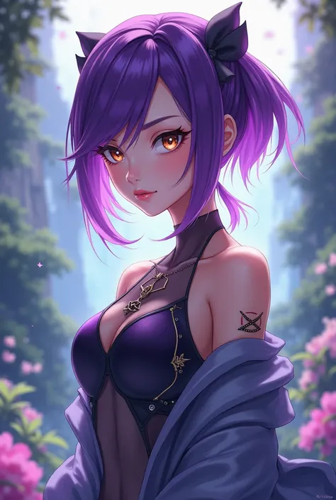 Create a female anime character with brown eyes and purple hair