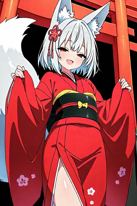  Silver Hair、 girl、 cute、fox、白いfox、Big tail、 Beast Man、I love Inari sushi、I'm making my eyes twinkle in front of Inari Sushi、Red kimono、 hair is long、Red eyes、大きいfoxの耳、Slightly slanted eyes