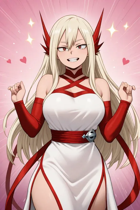  Create an image of a 17-year-old female character inspired by the style of Bakugou Katsuki from My Hero Academia,  but with a more delicate and angelic look .  She has long blond hair of a single length , without layers and without sharp ends.  Her eyes a...