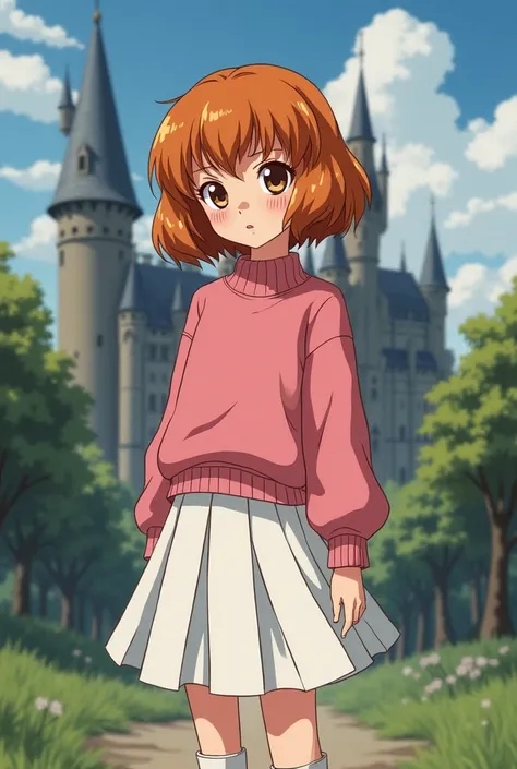 illustrate 90s anime girl with ginger bob-cut hair with bangs, freckles on her cheeks, brown eyes, wears pink sweater, white skirt, white knee-sock and black doll shoes. the background was castle that looks like came from the Harry Potter book