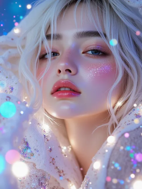 8k,  excellent work ,  top quality ,  Korean Beautiful Women , Ethereal Beauty,  glitter cosmetics , Holographic roses , platinum blonde,  Close your eyes, Dreamy glitter , Aura of Magic,  cosmic background , Sparkling particles , Pastel colors,  soft ligh...