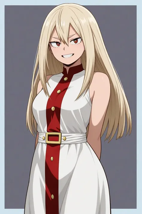  Create an image of a 17-year-old female character inspired by the style of Bakugou Katsuki from My Hero Academia,  but with a more delicate and angelic look .  She has long blond hair of a single length , without layers and without sharp ends.  Her eyes a...