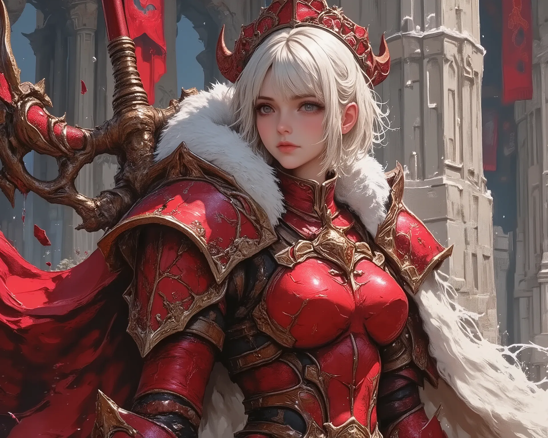 Female warrior white short Messy hair, hanging a blood light  grimoare,elegant, majestic red armor, masterpiece,HDR,