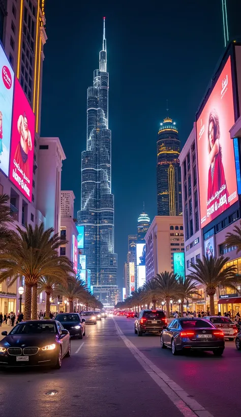 
Les rues animées du centre-ville de Dubaï, avec des voitures de luxe, des gratte-ciel étincelants et des écrans LED géants affichant des publicités modernes. Les gens marchent entre les boutiques et restaurants branchés