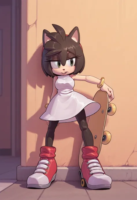 Amy Rose. a girl standing on a box while holding a skateboard sideways from the wall, 1girl, dress, solo, black hair, white dress, spread legs