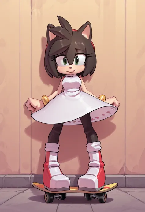 Amy Rose. a girl standing on a box while holding a skateboard sideways from the wall, 1girl, dress, solo, black hair, white dress, spread legs