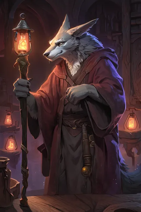 ((masterpiece, best quality, ultra detailed)), ((furry, anthro)). a detailed portrait of an elderly ratfolk alchemist, wearing a reddish-brown robe and a dark green pouch at his waist, holding a staff with three glowing soul gems and a lantern attached, mi...