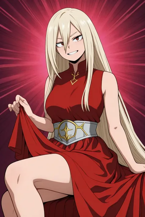  Create an image of a 17-year-old female character inspired by the style of Bakugou Katsuki from My Hero Academia,  but with a more delicate and angelic look .  She has long blond hair of a single length , without layers and without sharp ends.  Her eyes a...