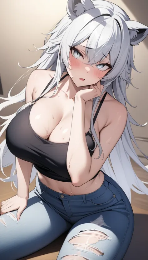 ( masterpiece,  top quality,  so beautiful,  super precise),  intricate detail on the edge of the garment,  1 girl, Big Breasts、 white hair、White Eyes、 with sharp eyes 、 long hair、 unkempt hair、Lion Ears 、Beautiful breasts、 tank top、 ripped jeans 、 Sweaty ...