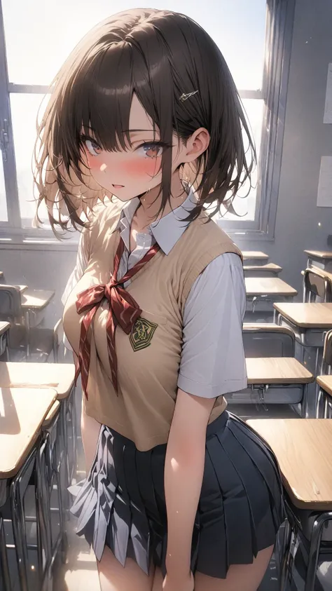 (masterpiece, detailed:1.2), One Girl, (18-years old), brown long Bob Cut, Medium Breasts, BREAK, Highest quality, school uniform, in classroom, cowboy shot