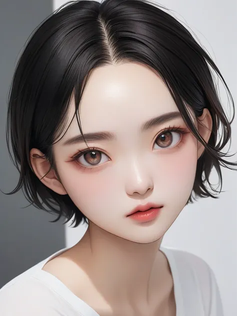  super realistic 8k photos 、 Korean women、 white t-shirt、face、カメラeye線、 short hair、 I can see my forehead 、Both ears are visible、 with her hair behind her ears 、 I can see my entire forehead 、 top quality、eye、I can see the eyebrows、face全体が見える、