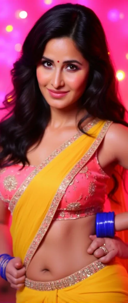 Close up bust shot of A stunning Indian woman with a confident smile, dressed in a vibrant yellow and pink half-saree with intricate embroidery and sheer fabric draped over her shoulder. She has a radiant complexion, expressive eyes, and a small red bindi ...