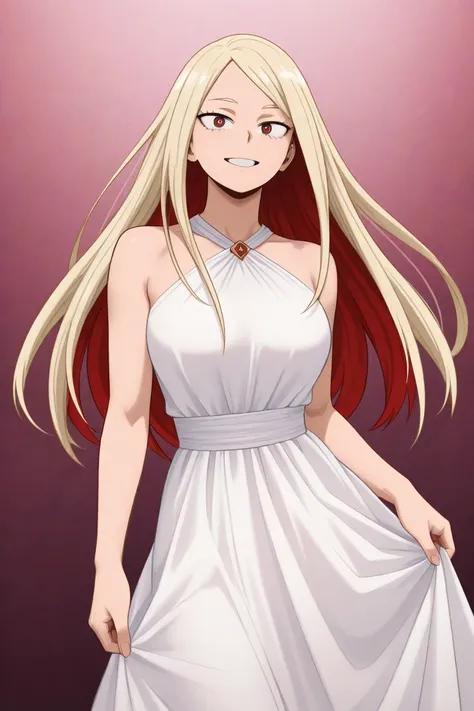  Create an image of a 17-year-old female character inspired by the style of Bakugou Katsuki from My Hero Academia,  but with a more delicate and angelic look .  She has long blond hair of a single length , without layers and without sharp ends.  Her eyes a...