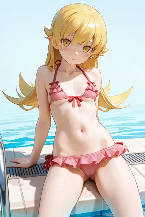 NSFW, Masterpiece, top quality, Hi-Res, very detailed,Shinobu Oshino\( monogatari series\), halter neck bikini, Frilled Bikinis , pool