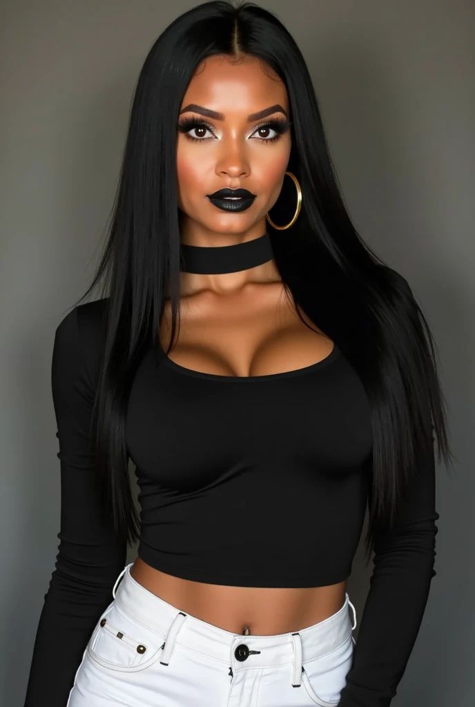 beautiful latin woman,  with straight hair , Black and long, with tight white jeans and tight black long sleeve top. She also wears a black choker necklace., thick and tight in the neck. has black eyes, And the nails and lips painted black. She wears gold ...