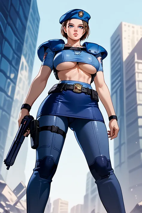 (   top quality ), (   top quality ), (   top quality ), (Overall view) Jill Valentine, masterpiece , top quality, 1 girl , alone, standing, , beret , uniform, Shoulder pads , Short sleeve, Harness, belt, underpants, immovable pattern , big , big butt , Sh...