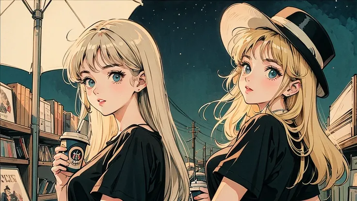 1 person,   Blonde Long Hair ,   I'm studying 80s anime style ,  holding coffee in hand, Retro,  lo-fi, night view, Records lined up,Stylish lighting, Wearing a short-sleeved T-shirt, An up of a woman's face seen from the front ,  looking back,I'm wearing ...