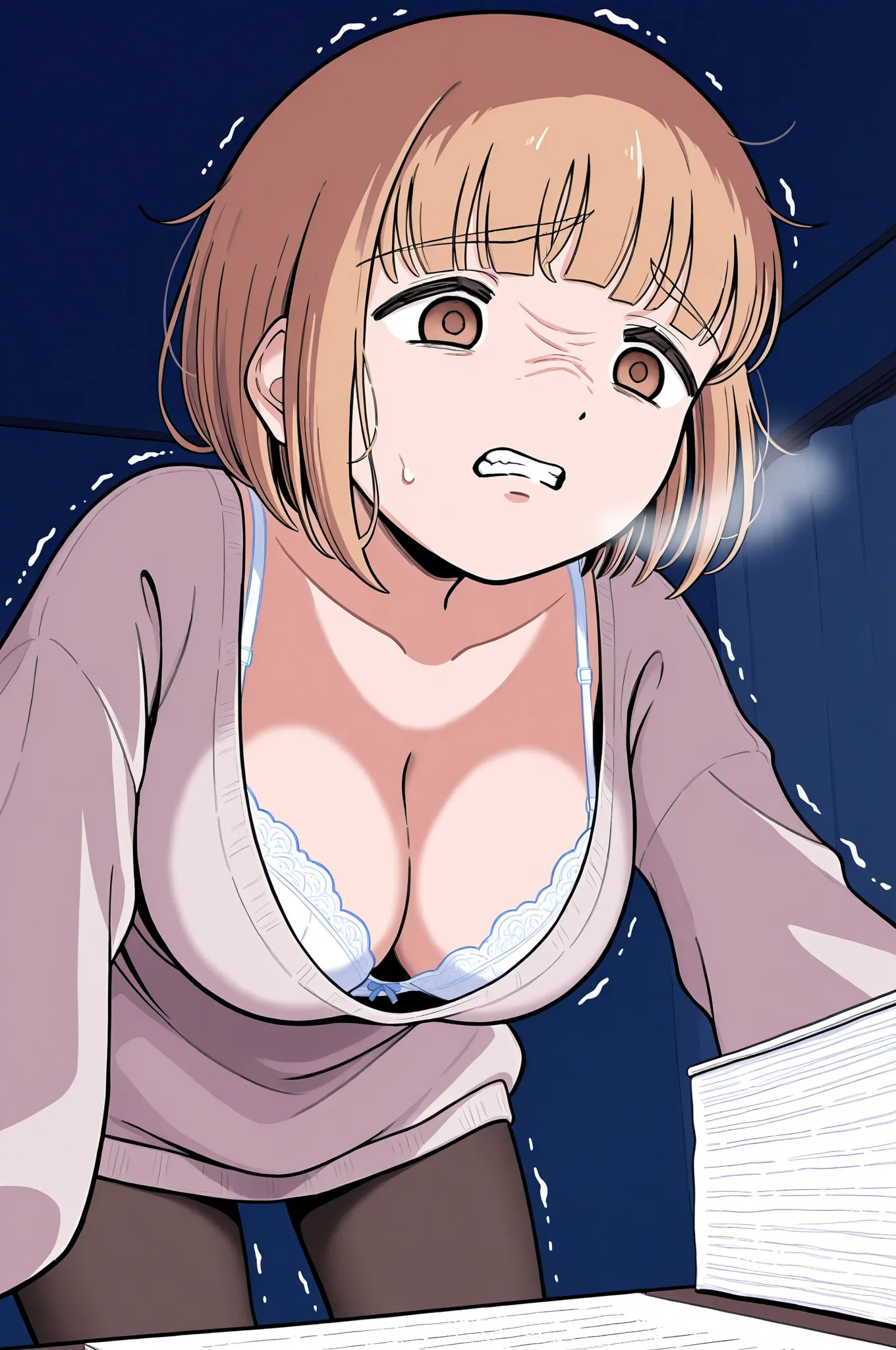  source_anime, official art style, mochizuki mikoto, night,  the room had no lights, Gloomy interior,  office, machine,  computer, document,  1girl , Alone, large breasts, brown hair, short hair, messy hair, bob cut, blunt bangs, sidelocks, eye less, grey ...