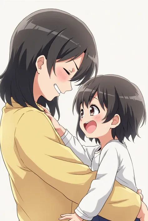 The mother is smiling、Gently stroking her little daughter's head 。
 The little daughter is happy to see her mother's face。
Mother has black hair、 very short hair。
 ４At age   、   black hair。
   anime style illustration  。 Long Sleeve。