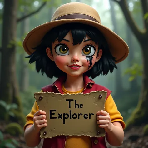 Create realistic dora the explorer but she is cool and her face is scary like joker but only black stain in her face  and scary forest background and she's holding an old map and it has " 𝕿ℌ𝔢 𝕰𝔵𝔭𝔩𝔬𝔯𝔢𝔯" printed on it same fonts 