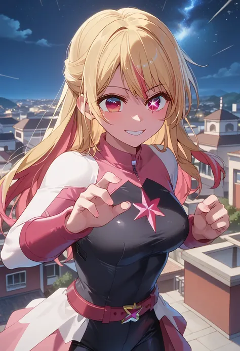 ruby hoshino, long hair, bangs, blonde hair, pink eyes, sidelocks, symbol-shaped pupils, star-shaped pupils, multicolored hair, two-tone hair, medium breasts, immature girl, hero costume, pink hero, skin tight, belt, fighting pose, smile, from front, outdo...