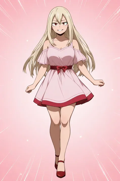  Create an image of a 17-year-old female character inspired by the style of Bakugou Katsuki from My Hero Academia,  but with a more delicate and angelic look .  She has long blond hair of a single length , without layers and without sharp ends.  Her eyes a...